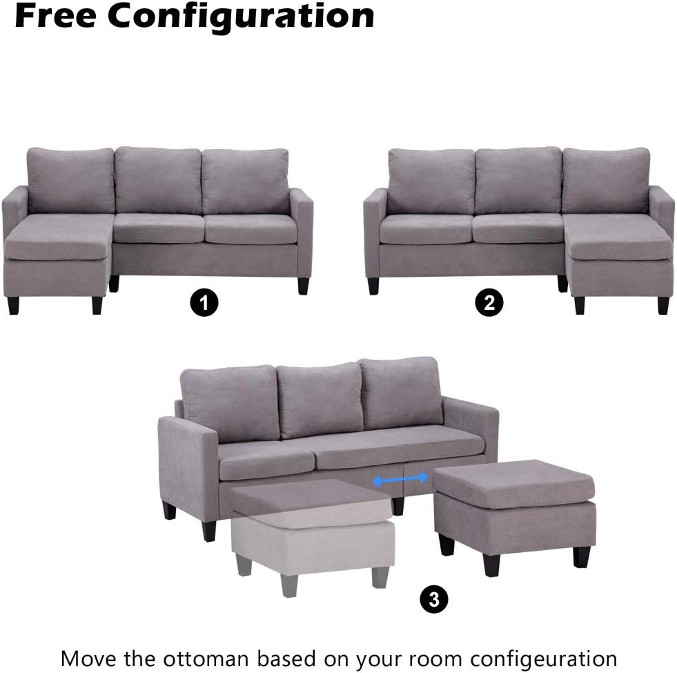 Light Grey Linen Fabric L-Shaped 3-Seat Convertible Sectional Sofa Couch with Reversible Chaise U4358