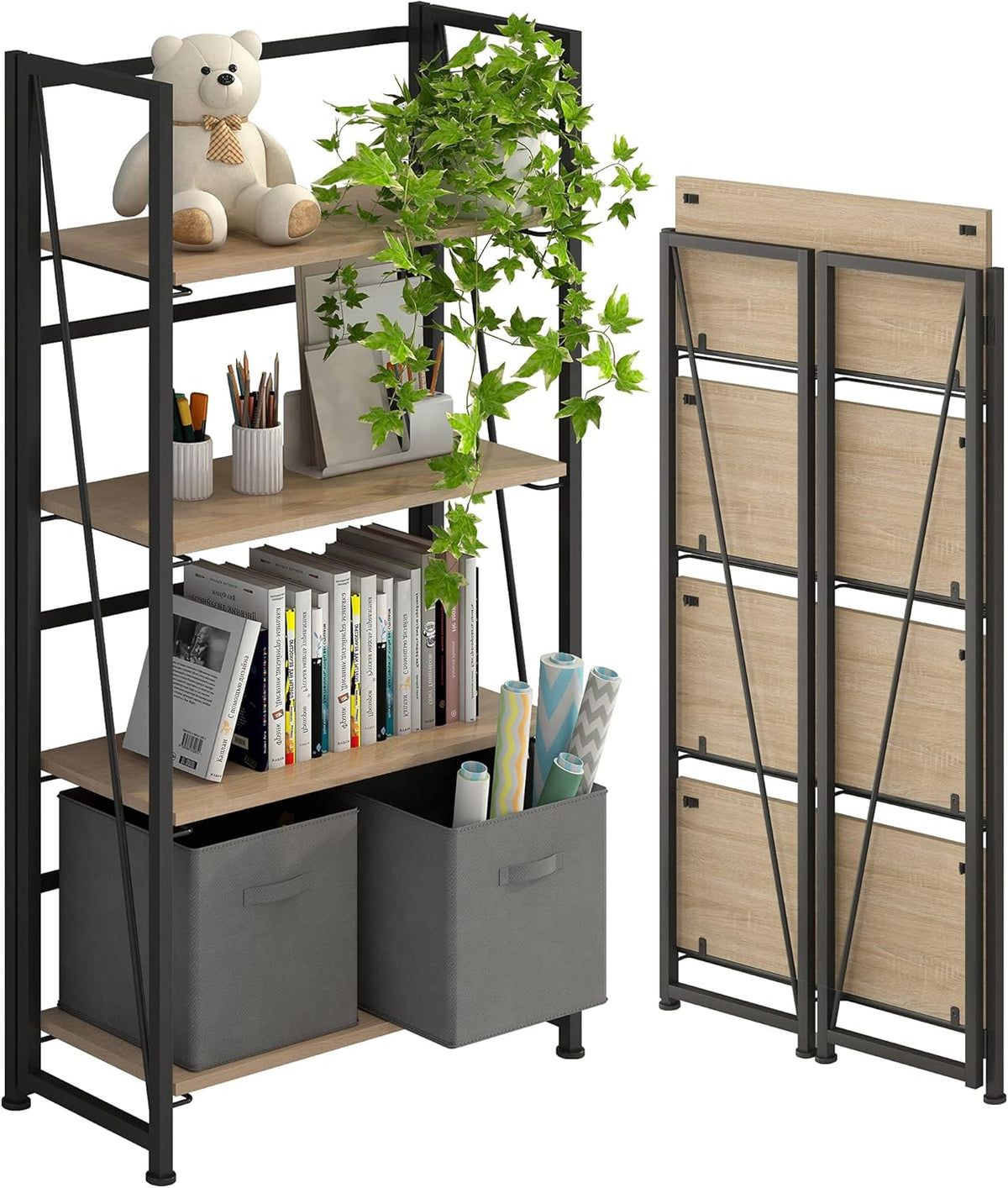 5 Tiers Folding Bookshelf Storage Shelves with 2 Drawers Brown and Black X510
