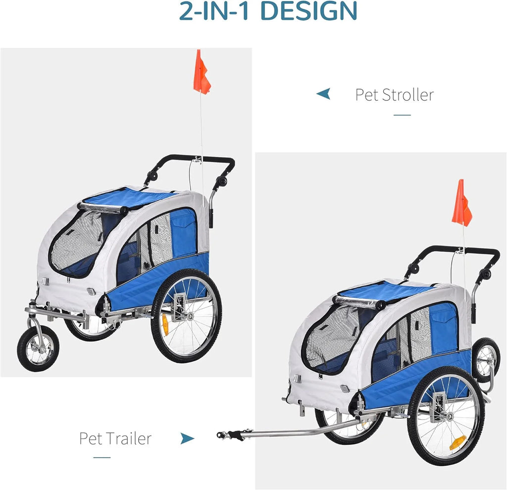 Blue Dog Bike Trailer Pet Stroller With Canopy And Storage Pockets J25034
