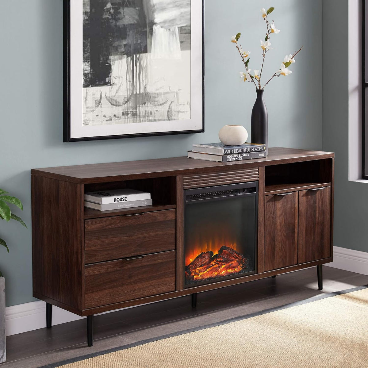 60 Inch Slate Grey Wood TV Stand with Cabinet Doors and Drawers O61765