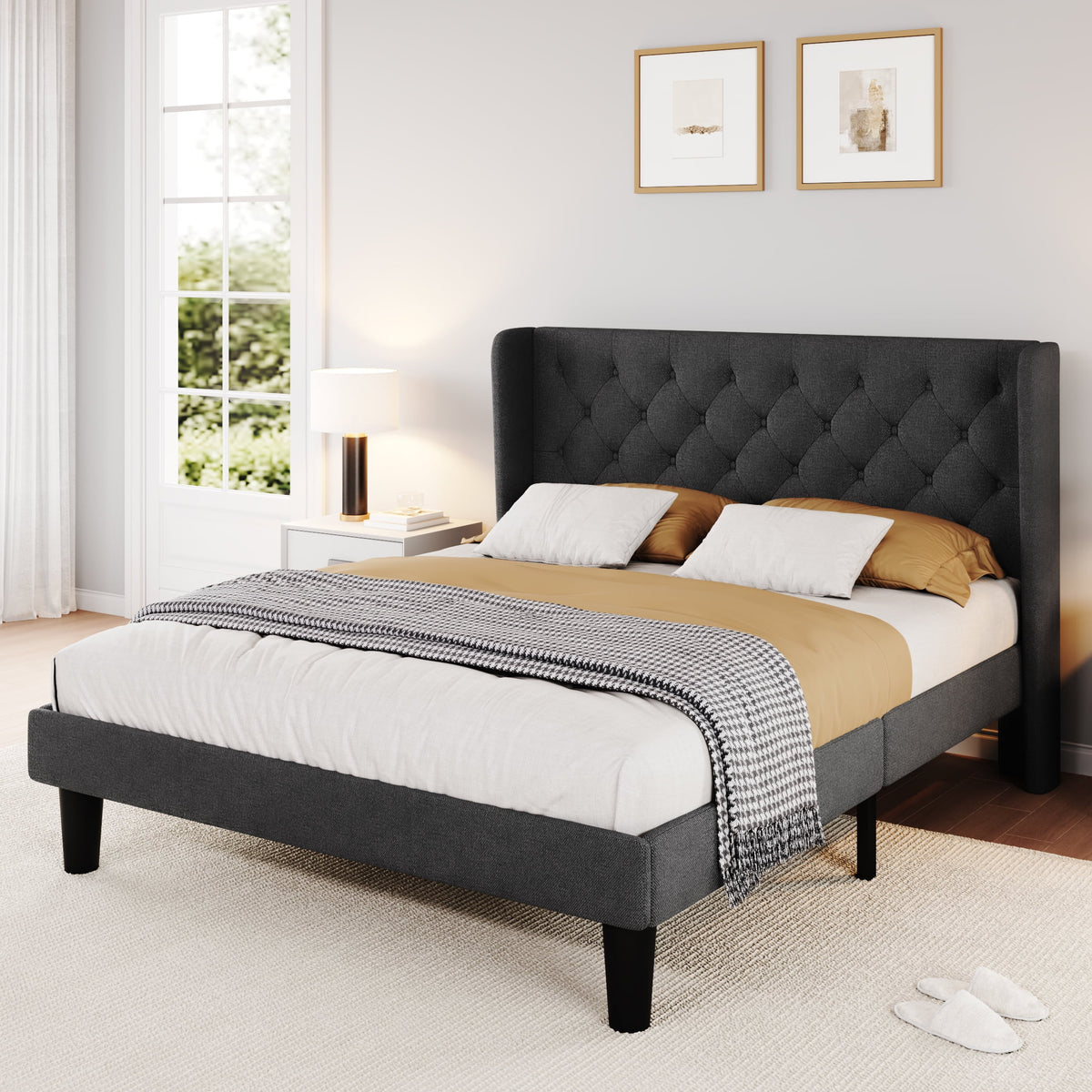 Queen Size Dark Grey Upholstered Platform Bed Frame Z6399