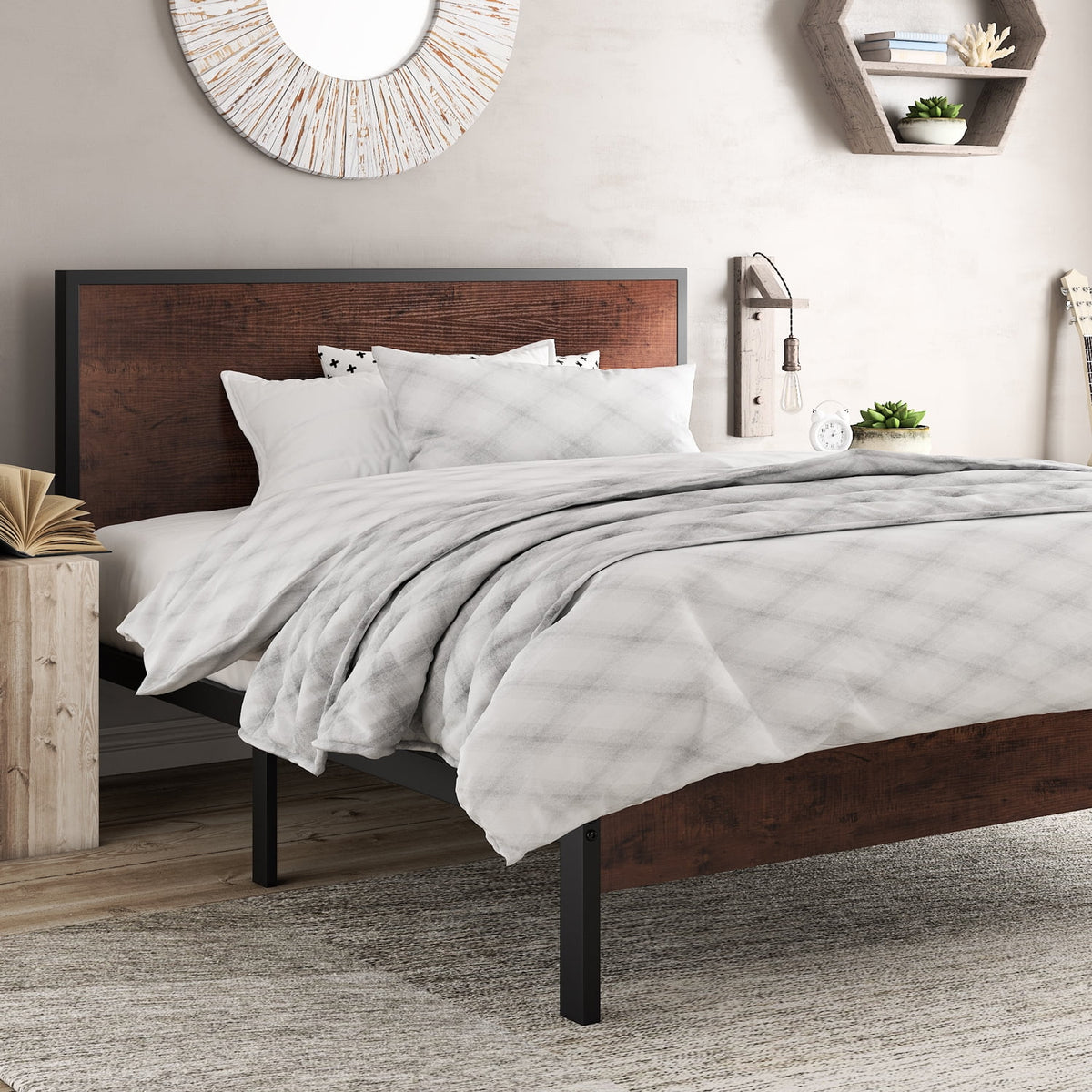 Queen Size Platform Bed Frame with Wood Headboard C4761