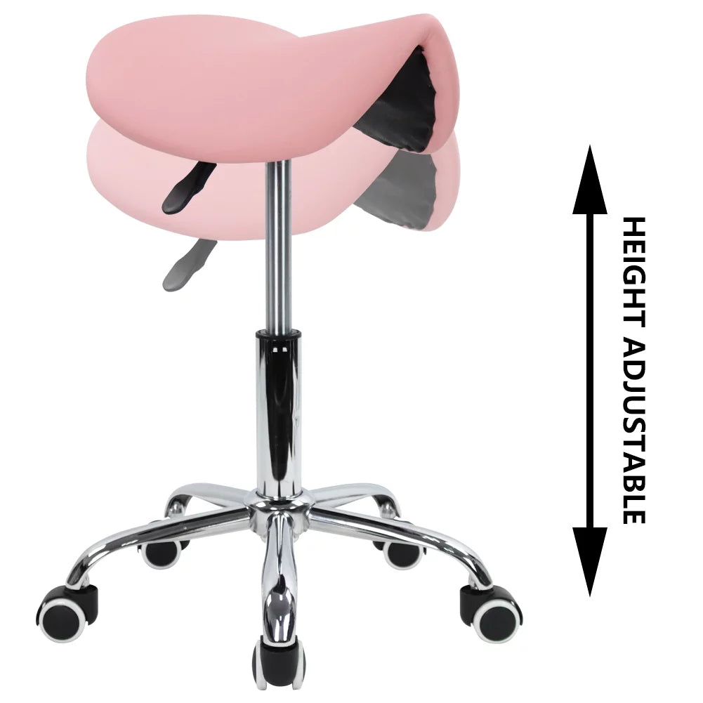 Pink PU Leather Adjustable Rolling Saddle Stool N4178