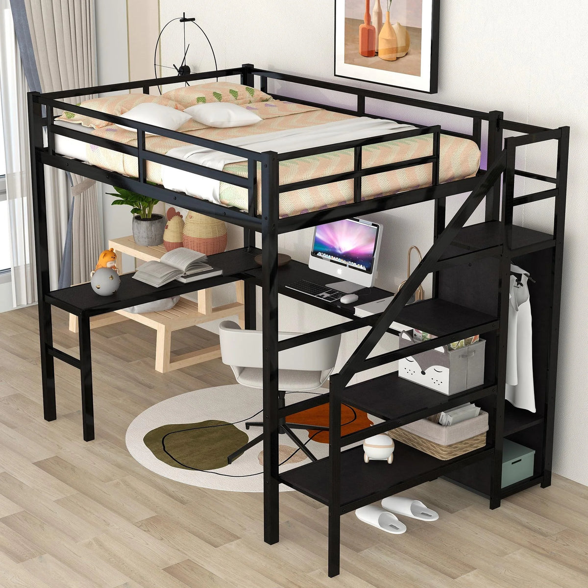 Black Full Size Metal Loft Bed with Desk and Stairs F758875