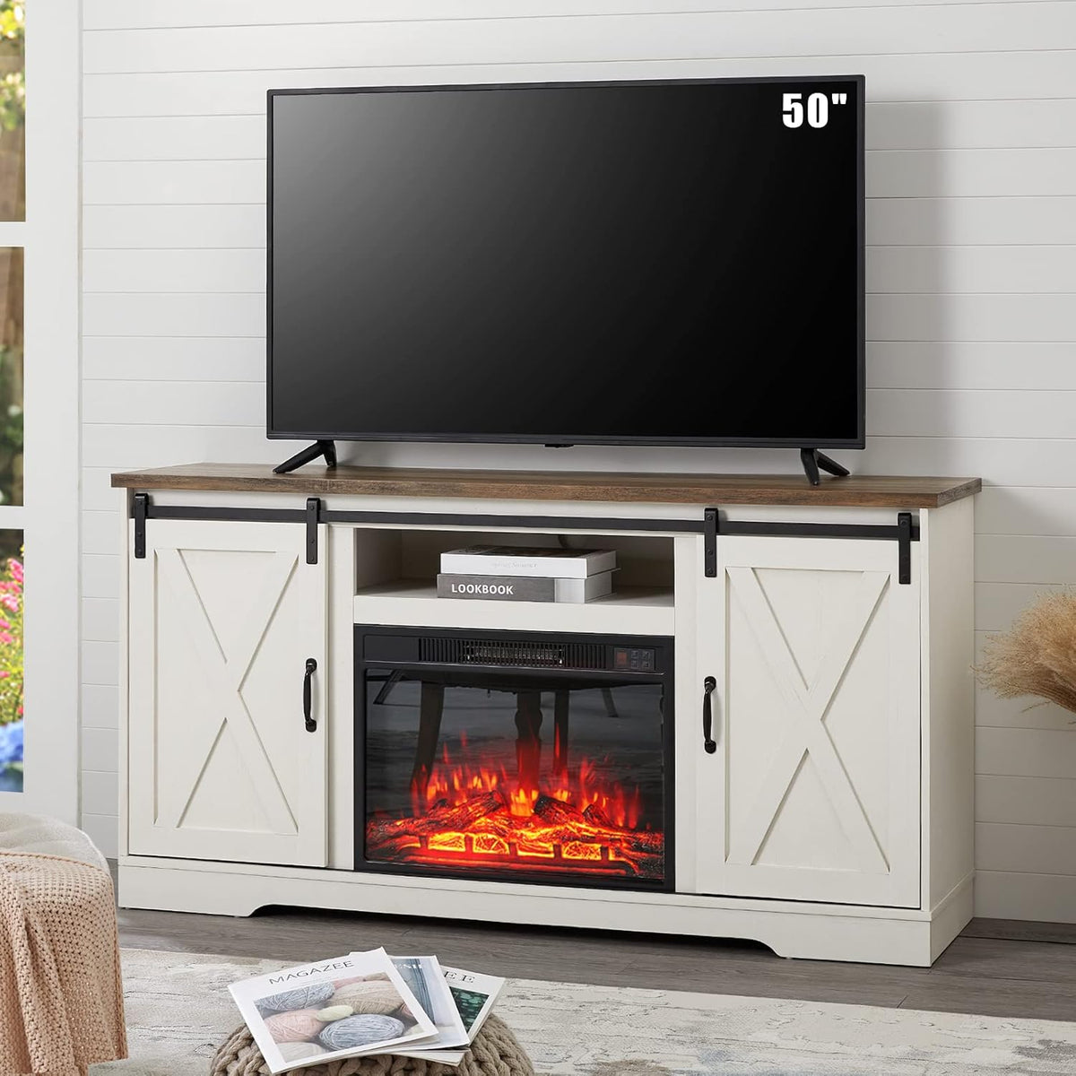Distressed White Wood TV Stand with Sliding Barn Door N470