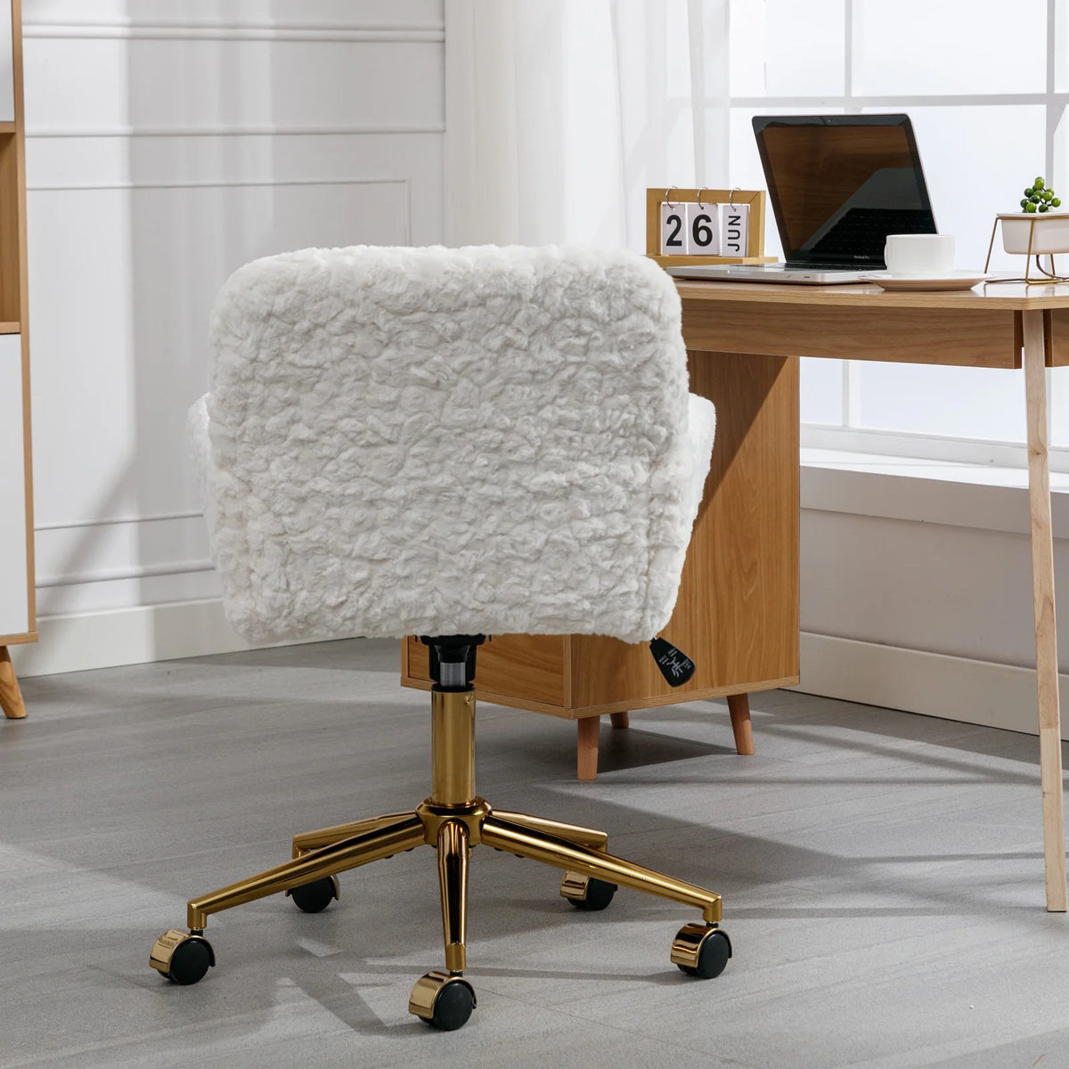 Beige Faux Rabbit Hair Office Chair with Adjustable Swivel V80608