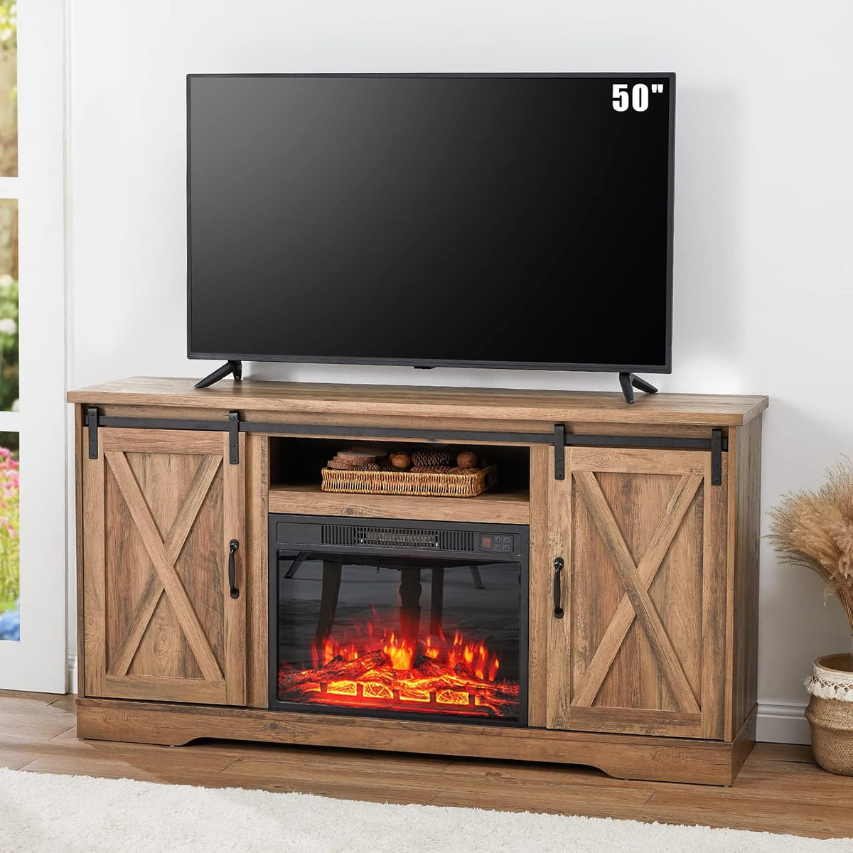 Distressed White Wood TV Stand with Sliding Barn Door N470