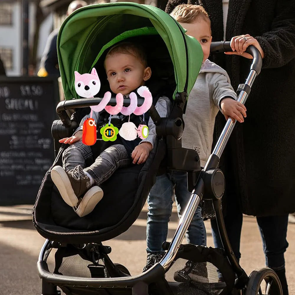 Pink Fox Plush Hanging Stroller Toys with Musical Sheep Rattles Owl Ladybird Distorting Mirror P196793