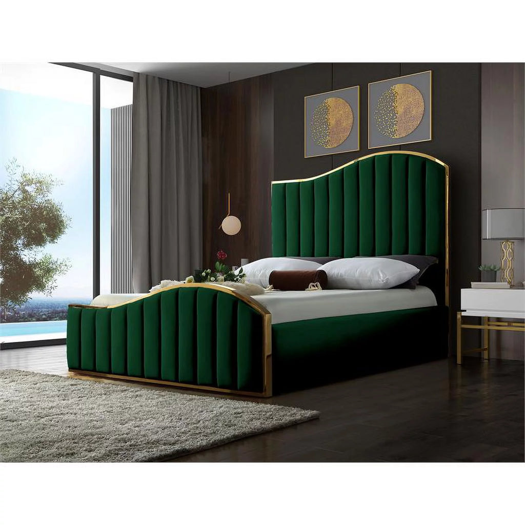 Solid Wood and Velvet King Bed in Green F415