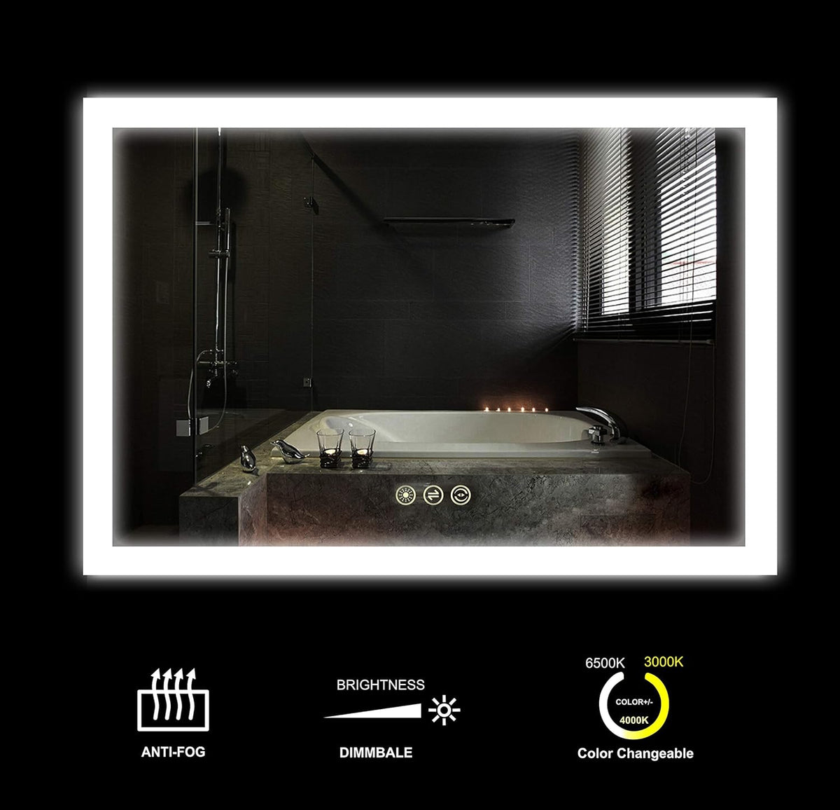Wall Mounted LED Lighted Bathroom Mirror with Dimmer Touch Switch, Anti Fog, IP44 Waterproof, 3000K Warm White, 4000K Neutral White, 6500K Cool White, CRI>90, Vertical and Horizontal Installation E795