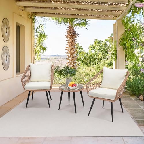 3 Piece Wicker Patio Bistro Set with Glass Top Table and Cushions R728378