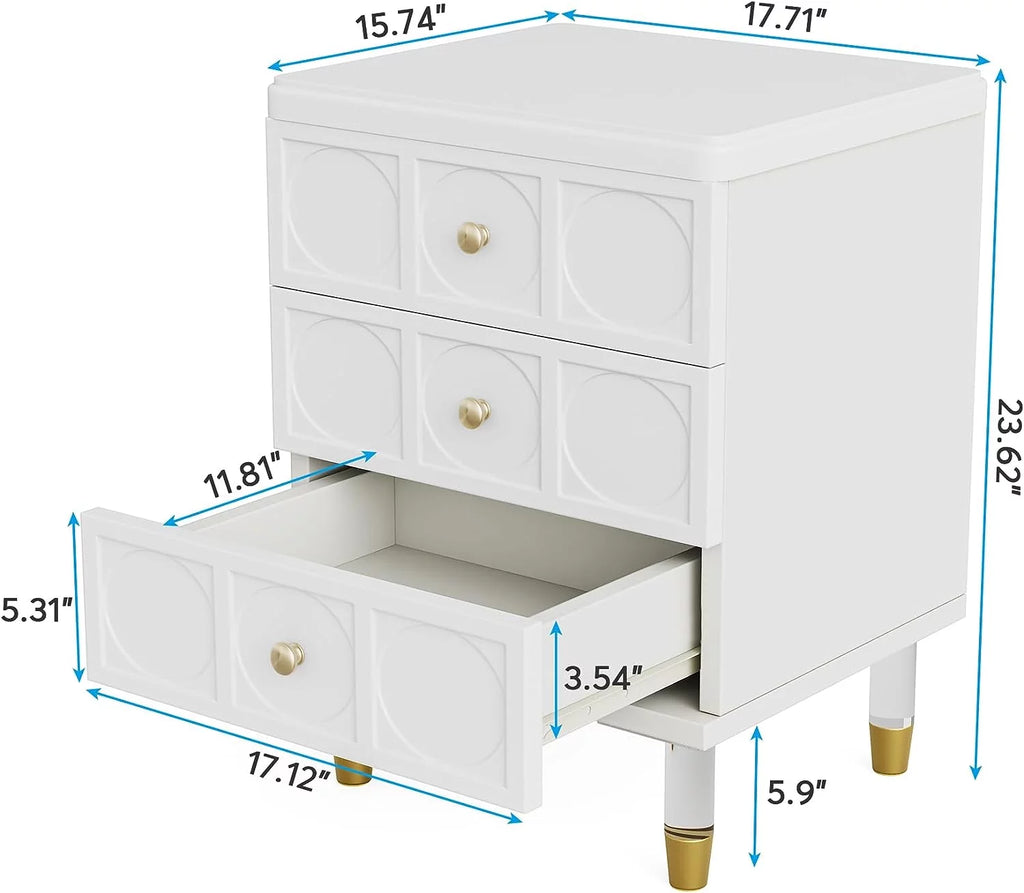 White and Gold 3-Drawer Nightstand R456
