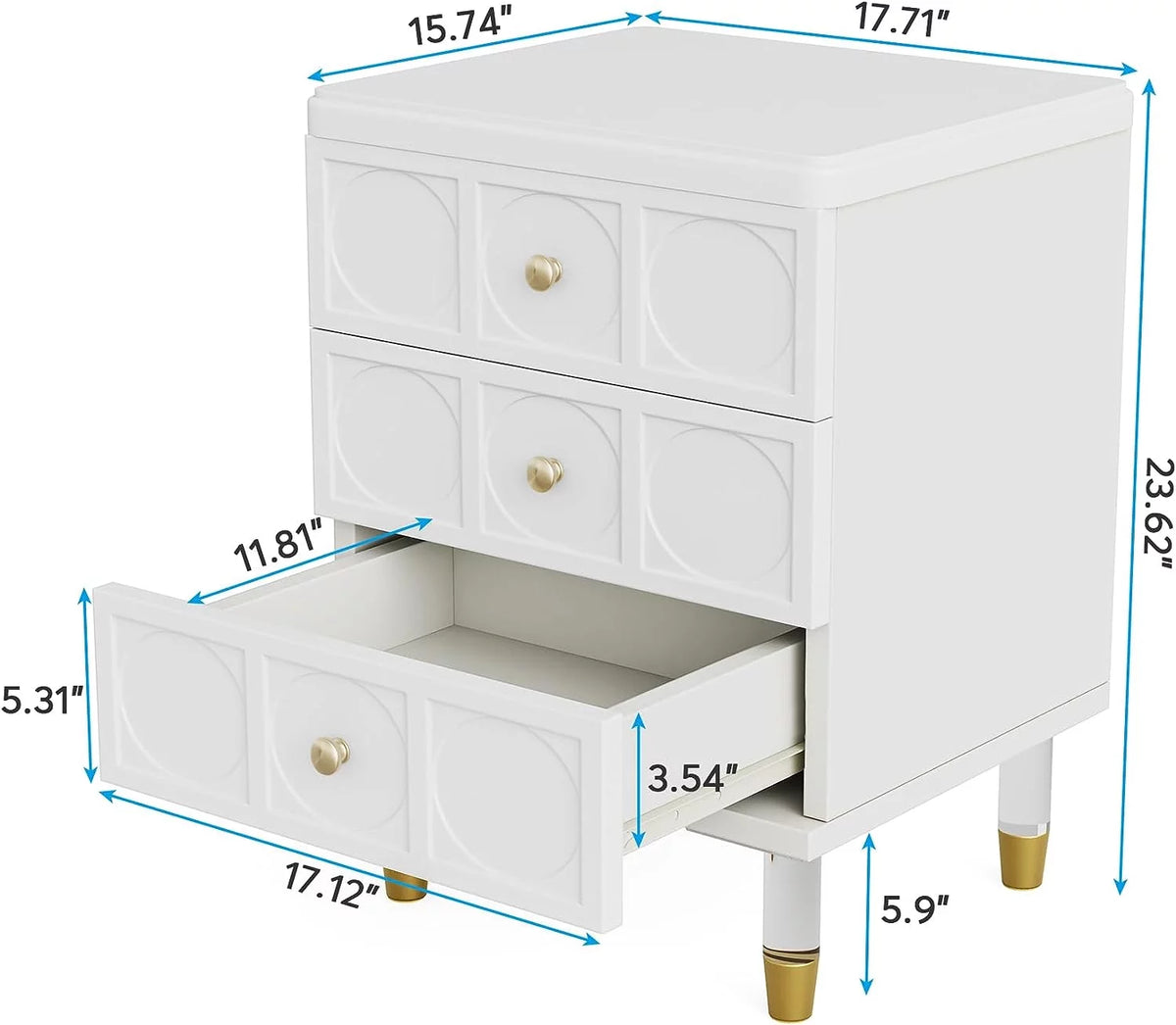 White and Gold 3-Drawer Nightstand R456