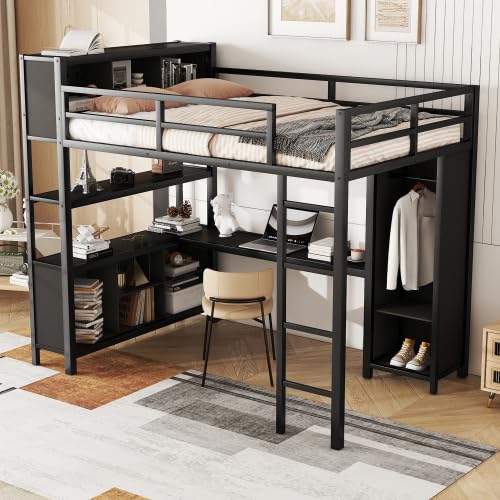 Black Full Size Metal Loft Bed with Wardrobe and L-Shaped Desk R992432