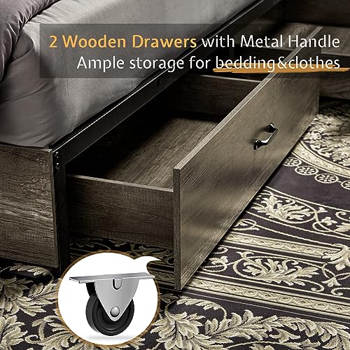 Full Size Wooden Platform Storage Bed with Bookcase Headboard and 2 Drawers L492