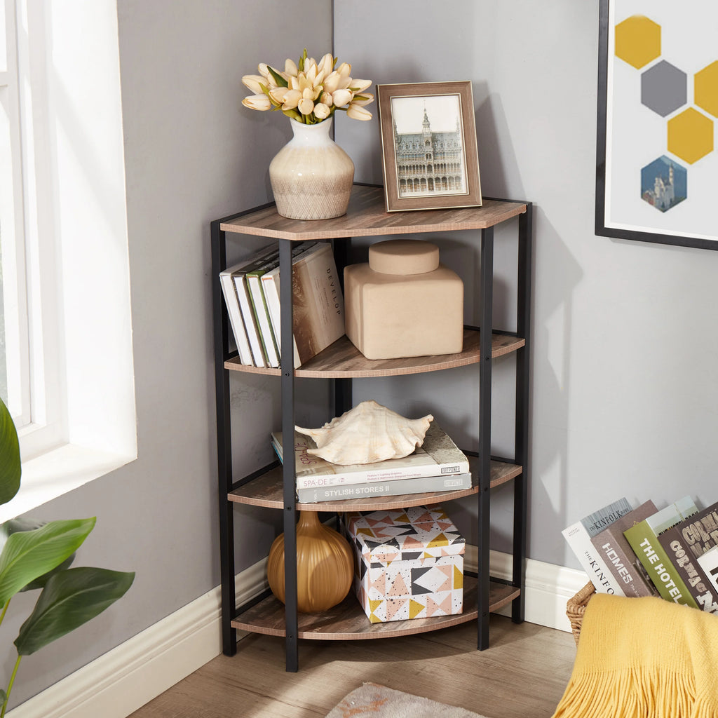4-Tier Wood Corner Shelf with Metal Frame H556