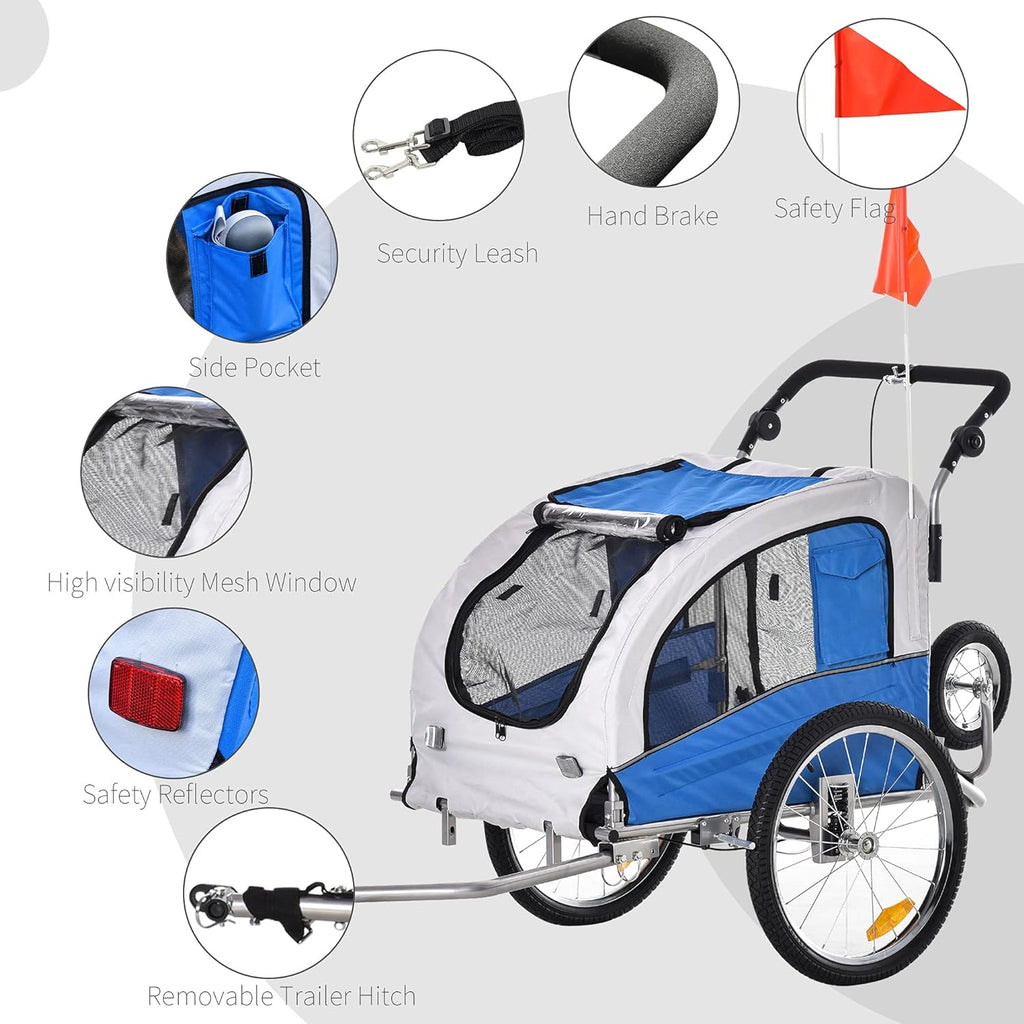 Blue Dog Bike Trailer Pet Stroller With Canopy And Storage Pockets J25034
