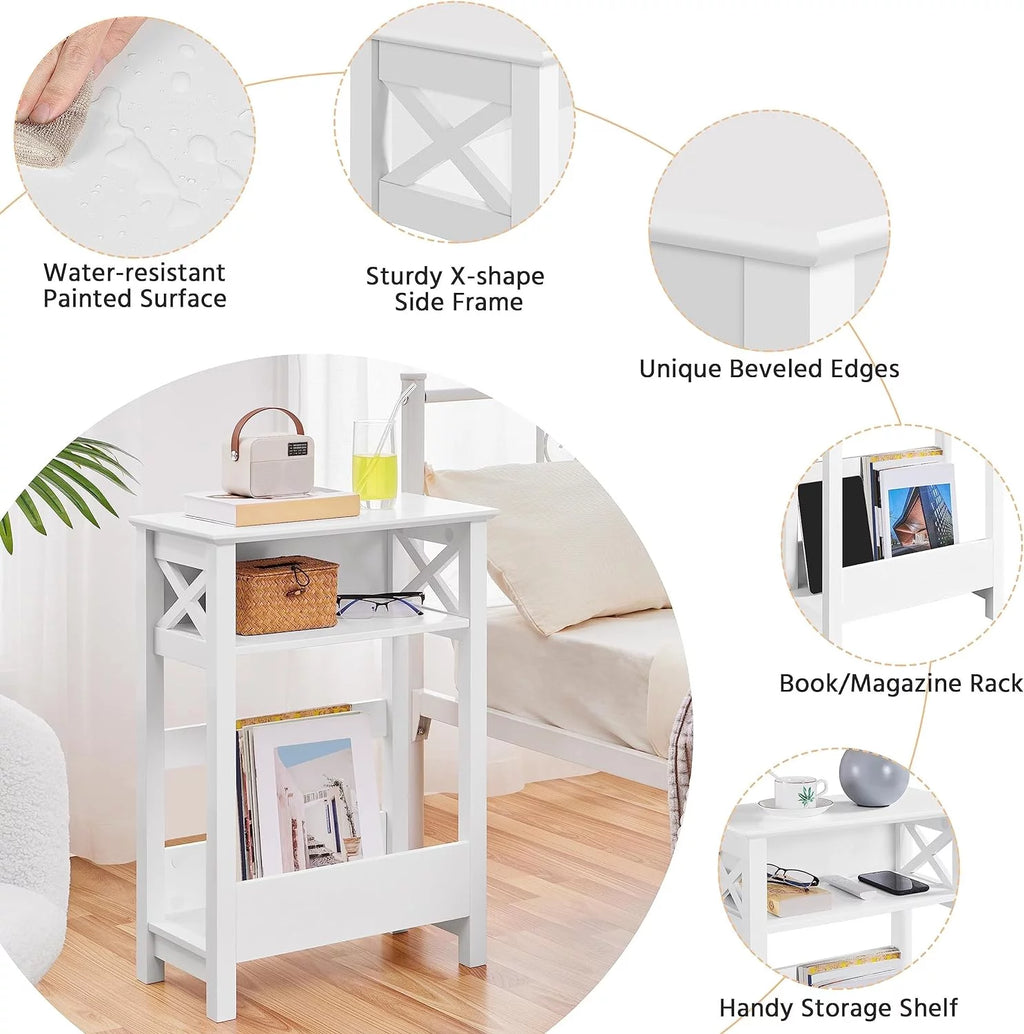 White 3-Tier Narrow Side Table with Magazine Holder S28174