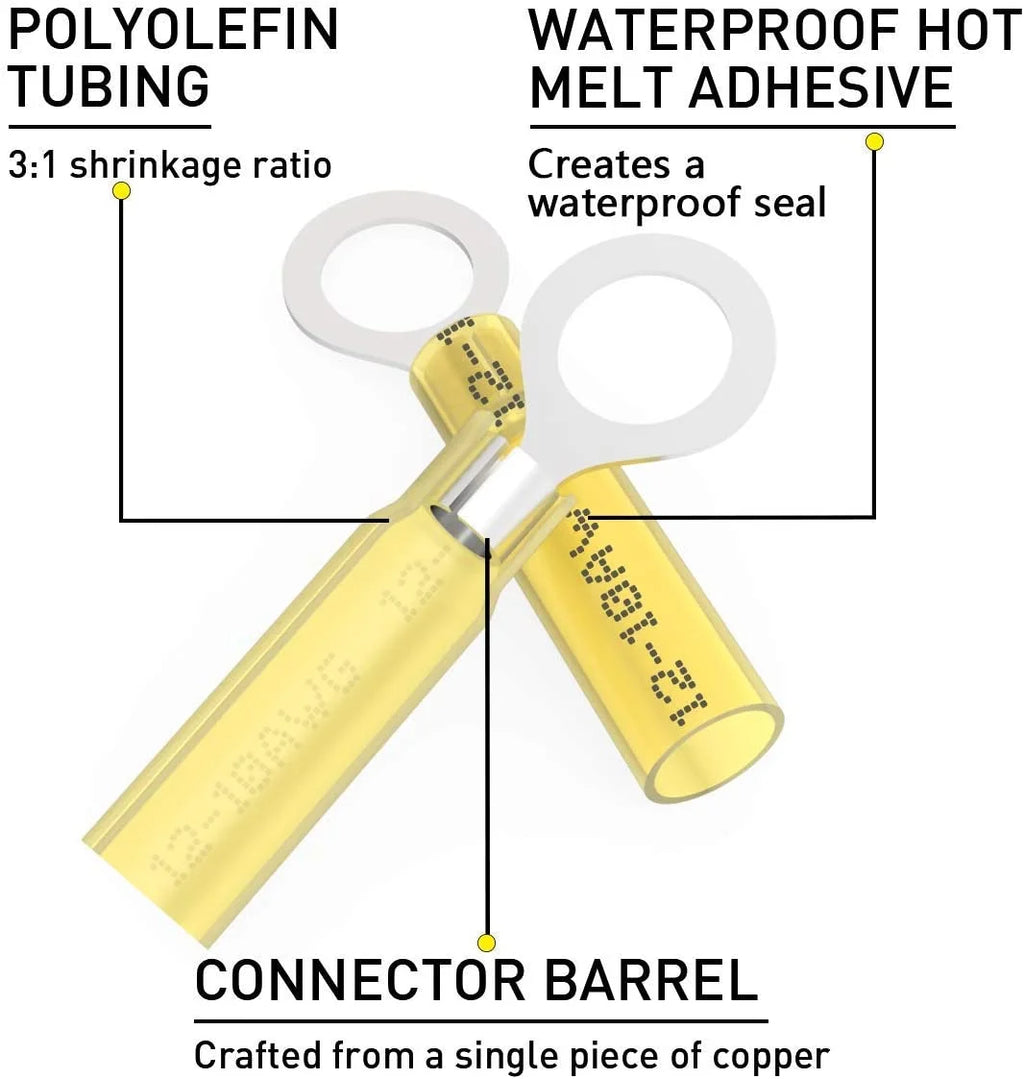 100PCS Heat Shrink Crimp Ring Connectors 5/16" Yellow 12-10 AWG I582