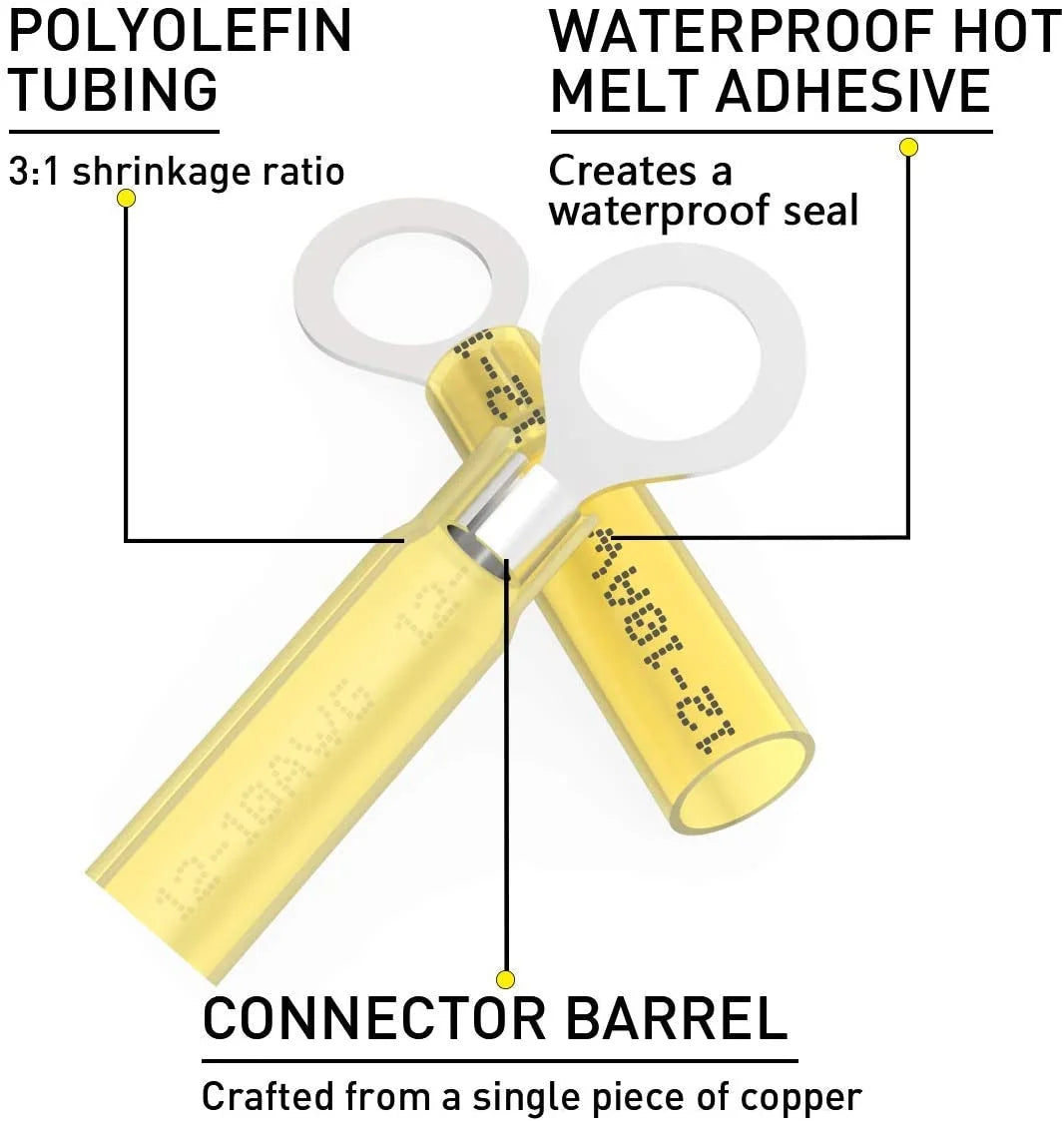 100PCS Heat Shrink Crimp Ring Connectors 5/16" Yellow 12-10 AWG I582