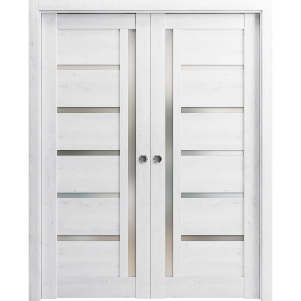 Solid Wood Interior Sliding French Double Pocket Doors 72 x 80 inches with Frosted Glass F66182
