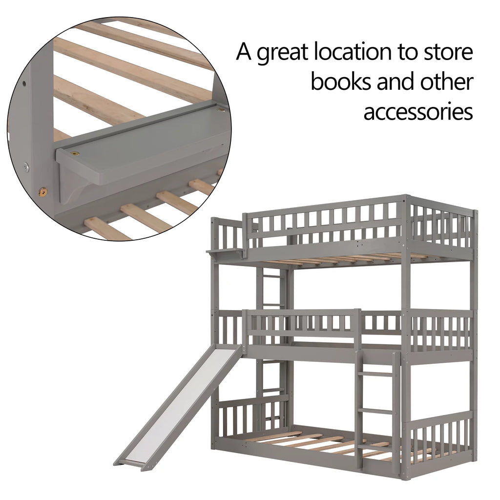 Triple Twin Bunk Bed with Built-in Ladder and Slide Y38321