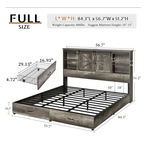 Full Size Wooden Platform Storage Bed with Bookcase Headboard and 2 Drawers L492