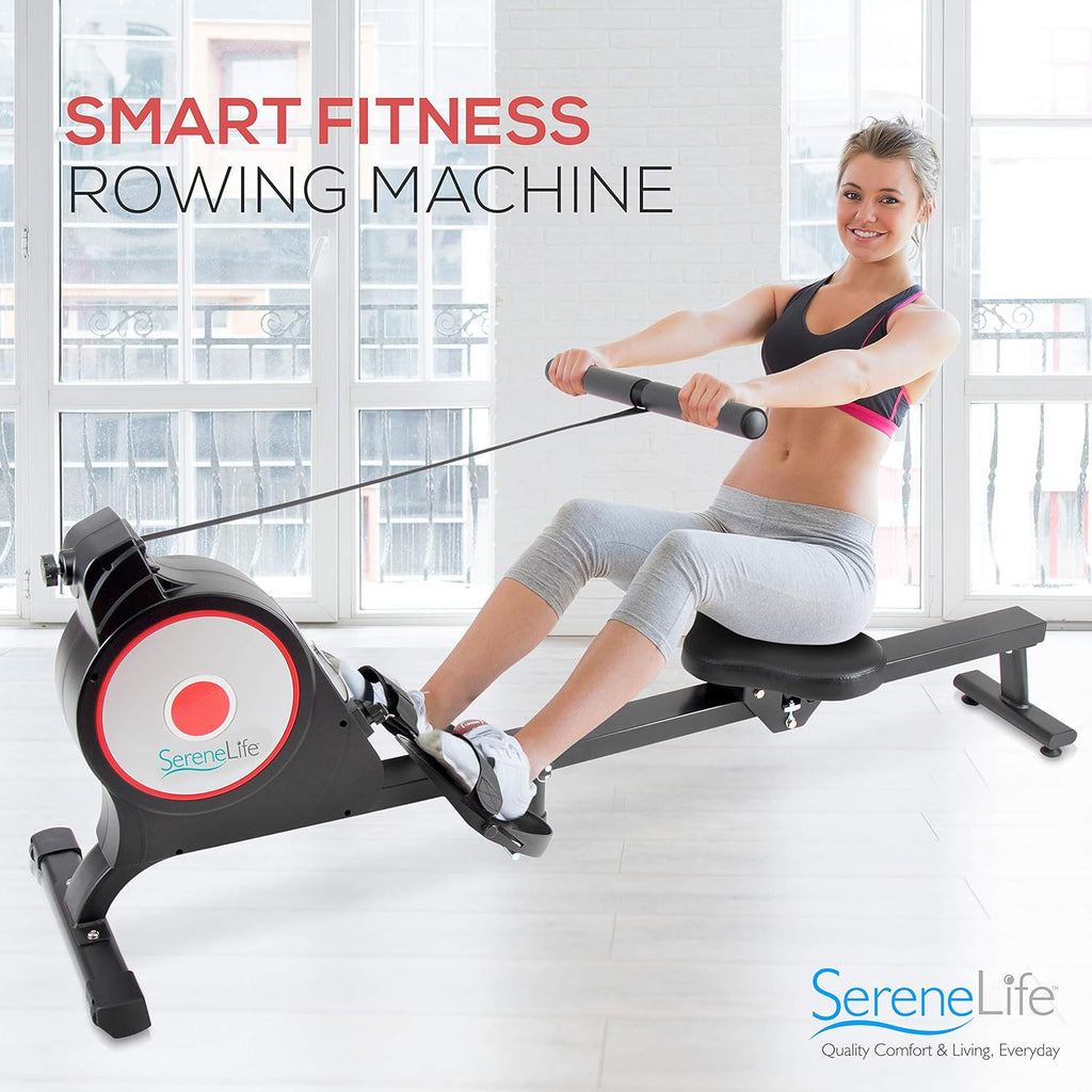 Magnetic Rowing Machine with Bluetooth App Fitness Tracking, Foldable Home Gym Exercise Rower with Adjustable Resistant, Padded Seat, Digital LCD Readout and Reinforced Cable D940727