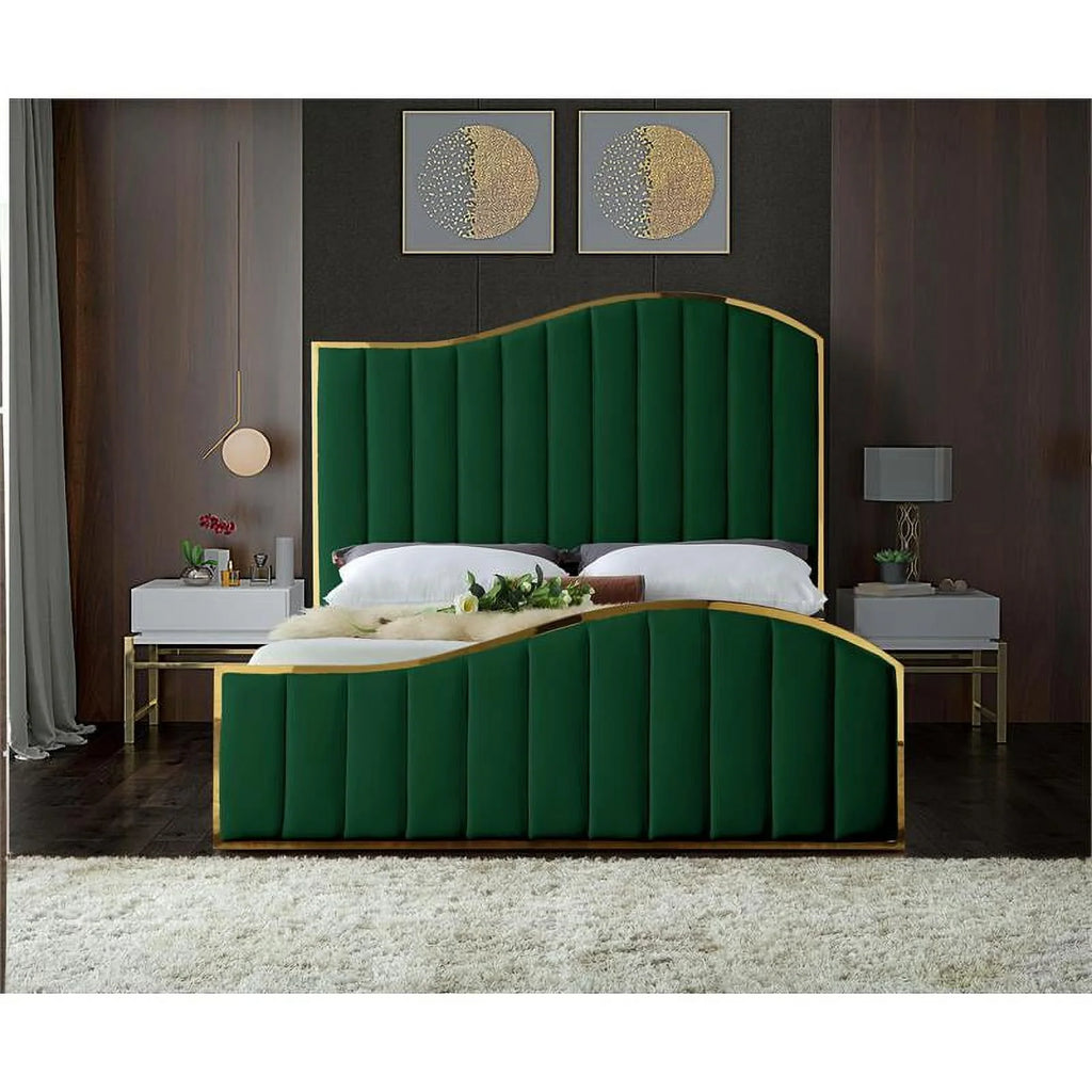 Solid Wood and Velvet King Bed in Green F415