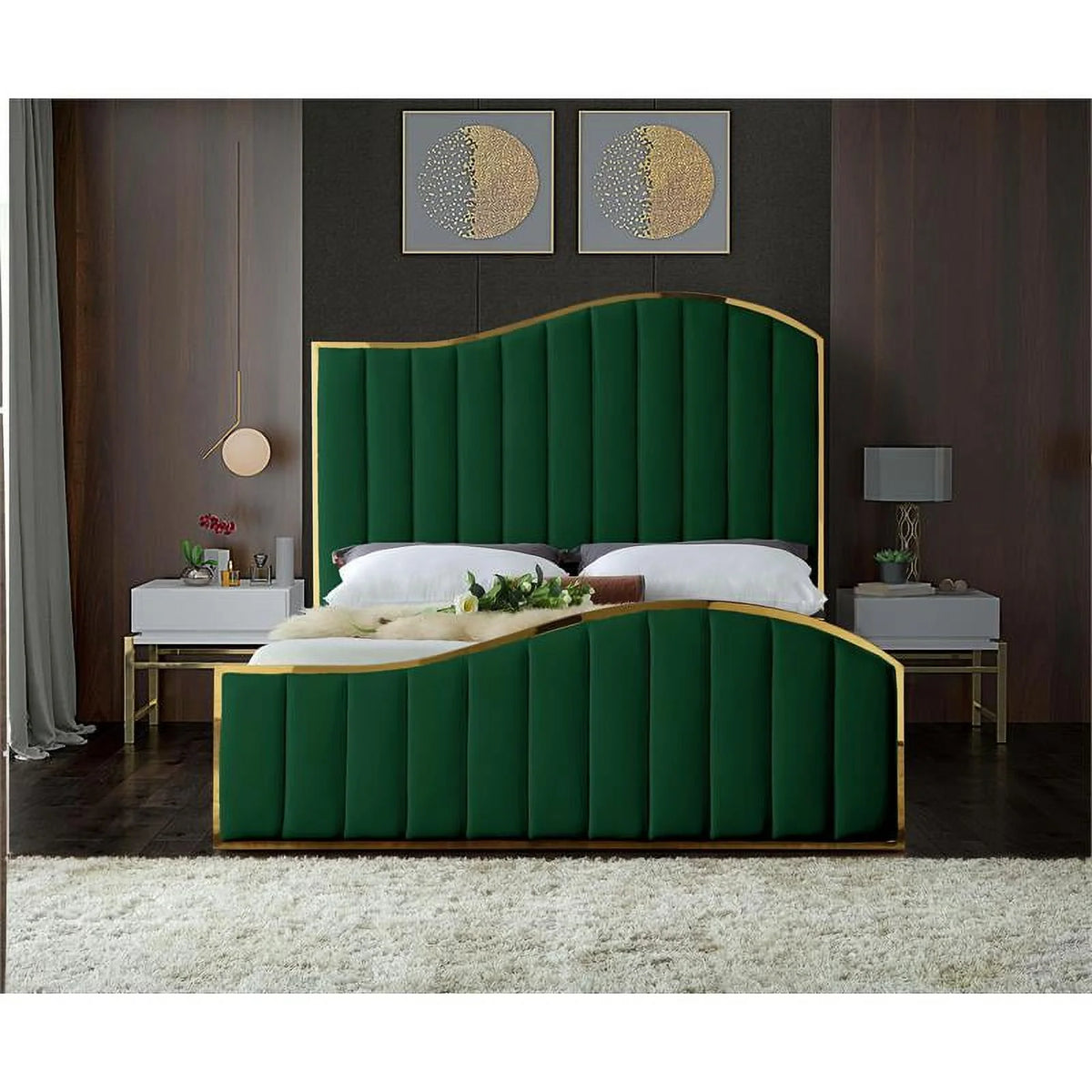 Solid Wood and Velvet King Bed in Green F415