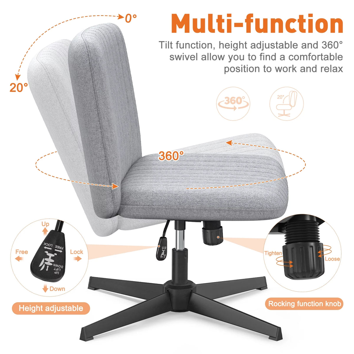 Cross Legged Armless Swivel Adjustable Fabric Office Chair G82693