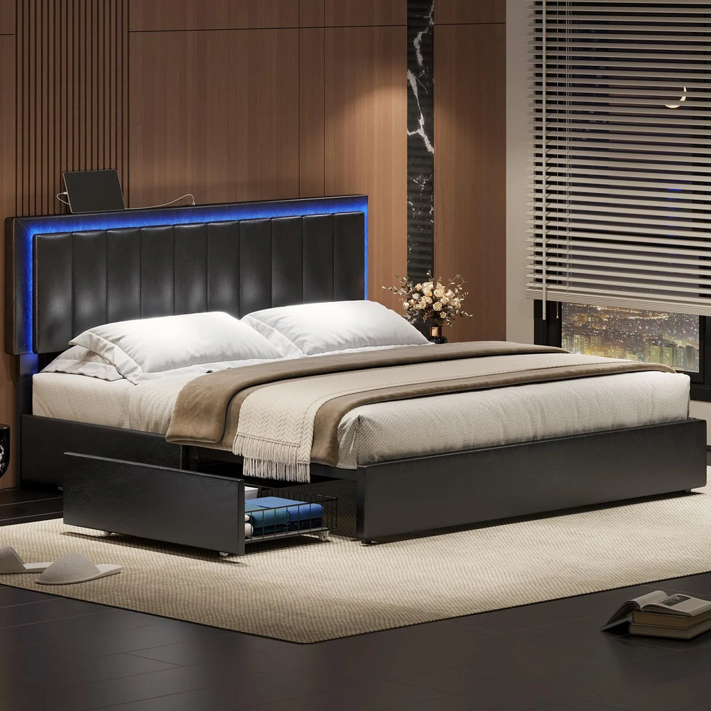 King Size Upholstered Platform Bed Frame with 4 Storage Drawers and Adjustable Headboard R321