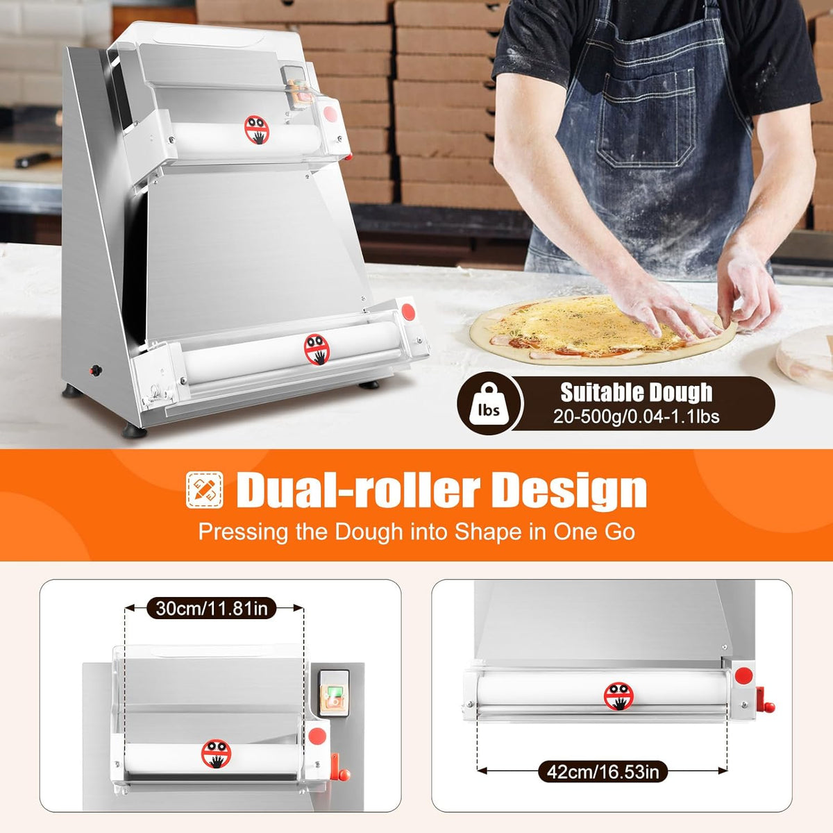 Commercial Electric Pizza Dough Sheeter, 15 Inch, 370W, Thickness 0.7-5.4mm V271