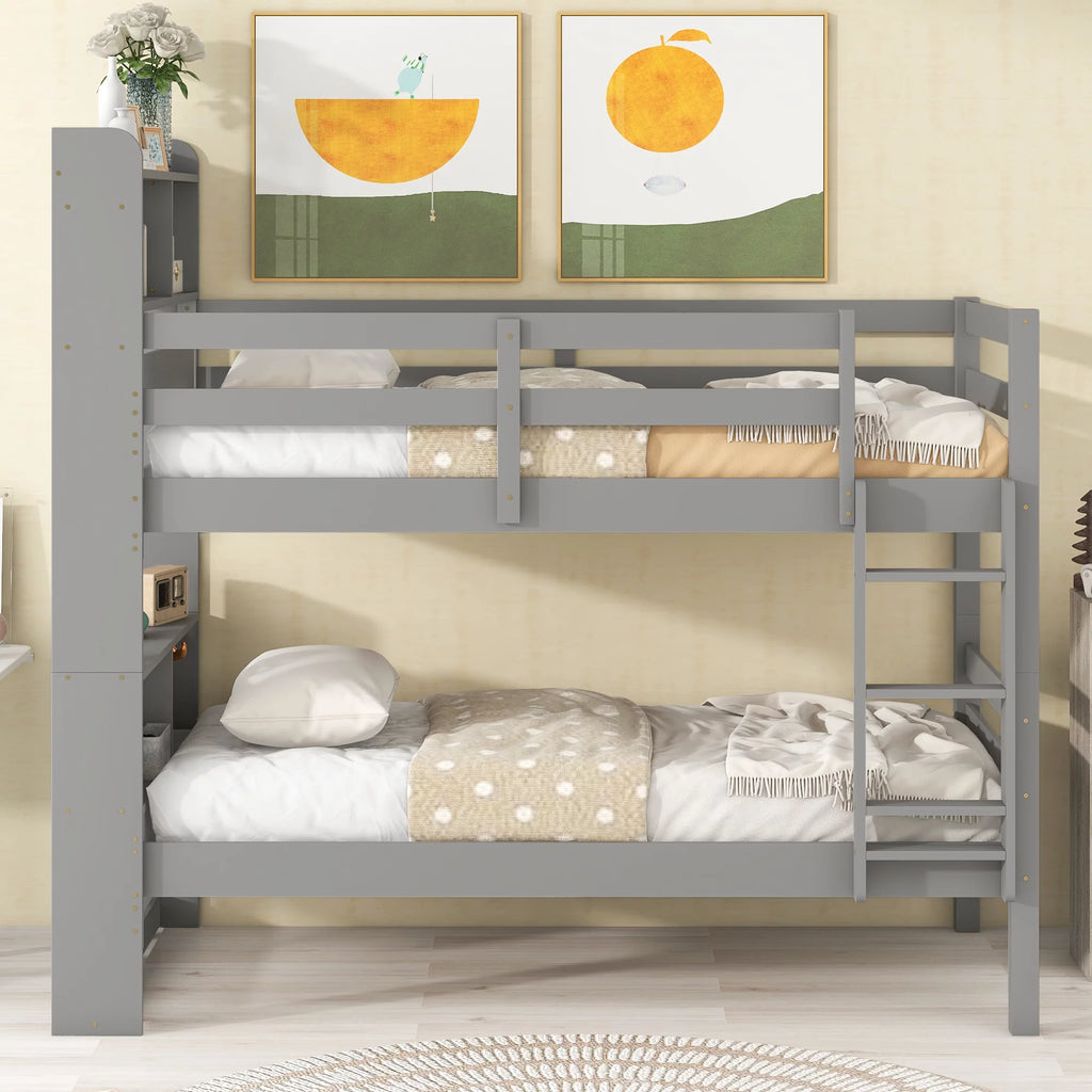 Twin over Twin Wood Bunk Bed with Storage Headboard I21594
