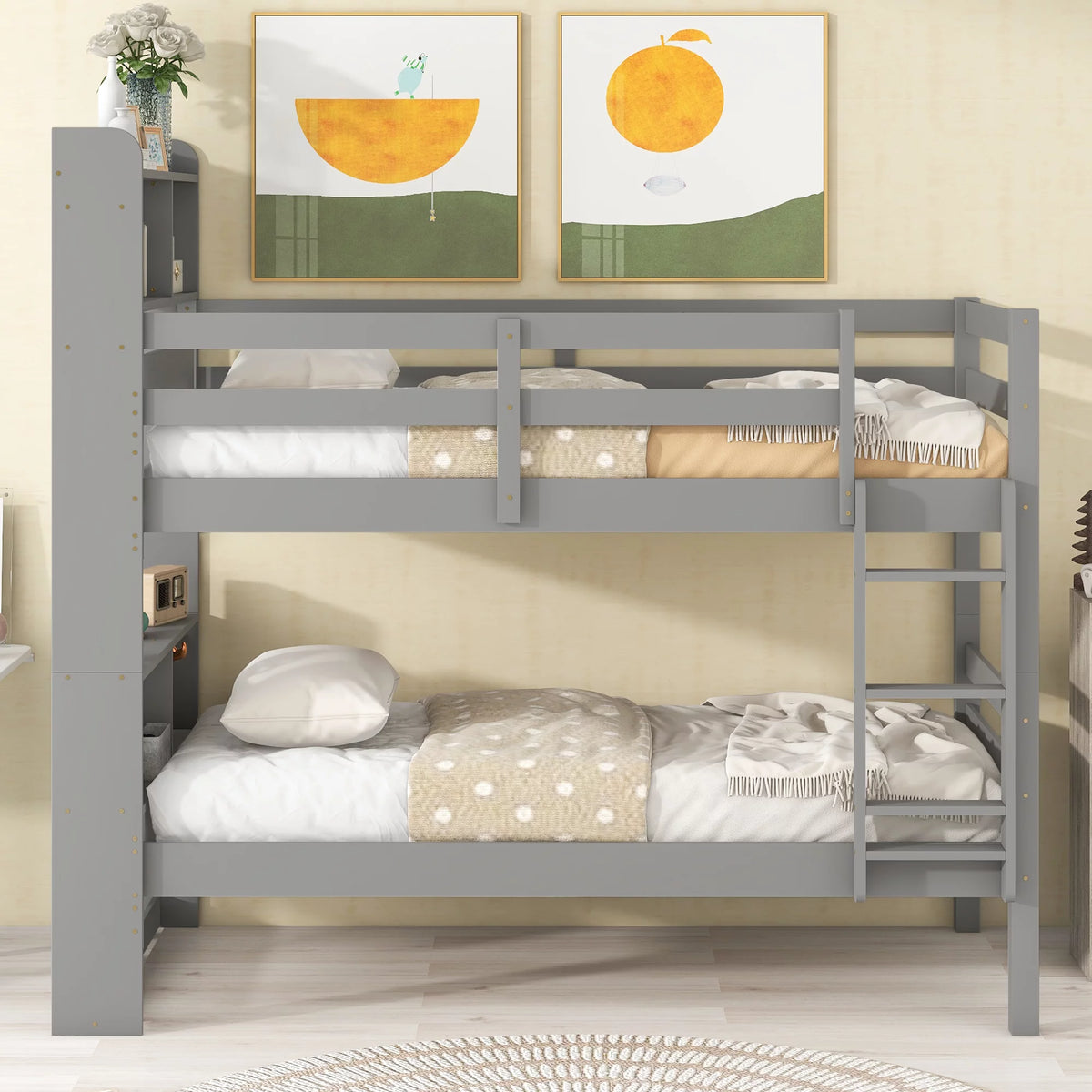 Twin over Twin Wood Bunk Bed with Storage Headboard I21594
