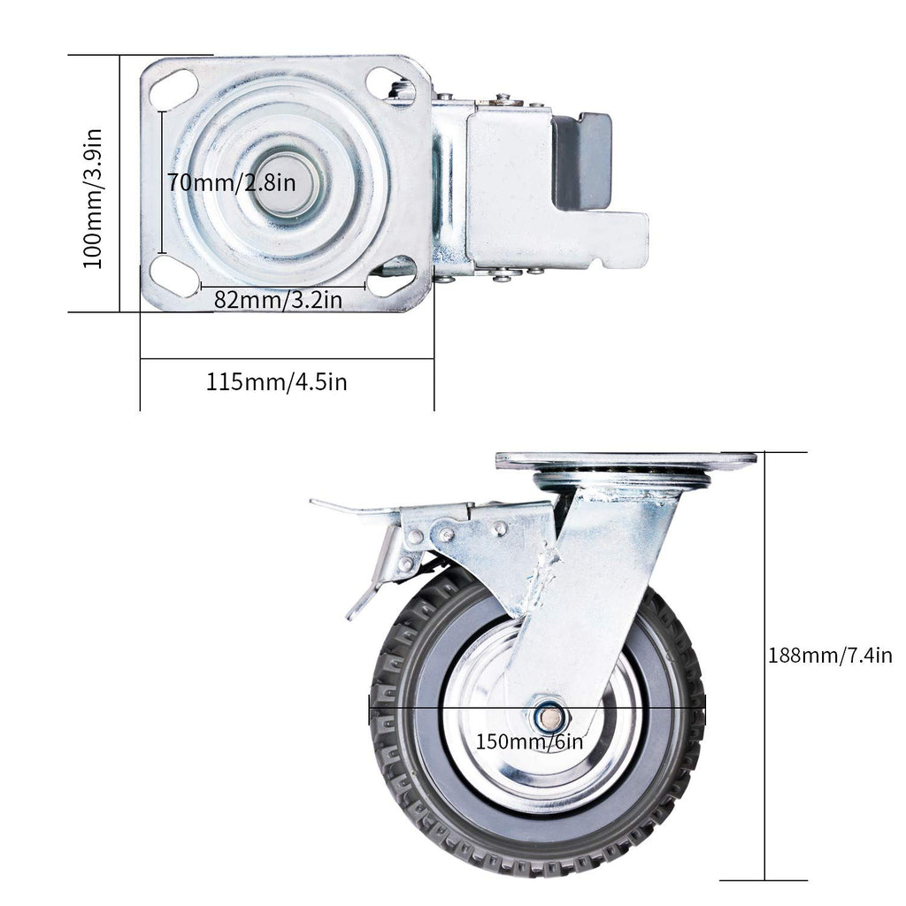 6 Inches Heavy Duty Rubber Swivel Casters Set of 4 (2 with Brakes & 2 Without) T929
