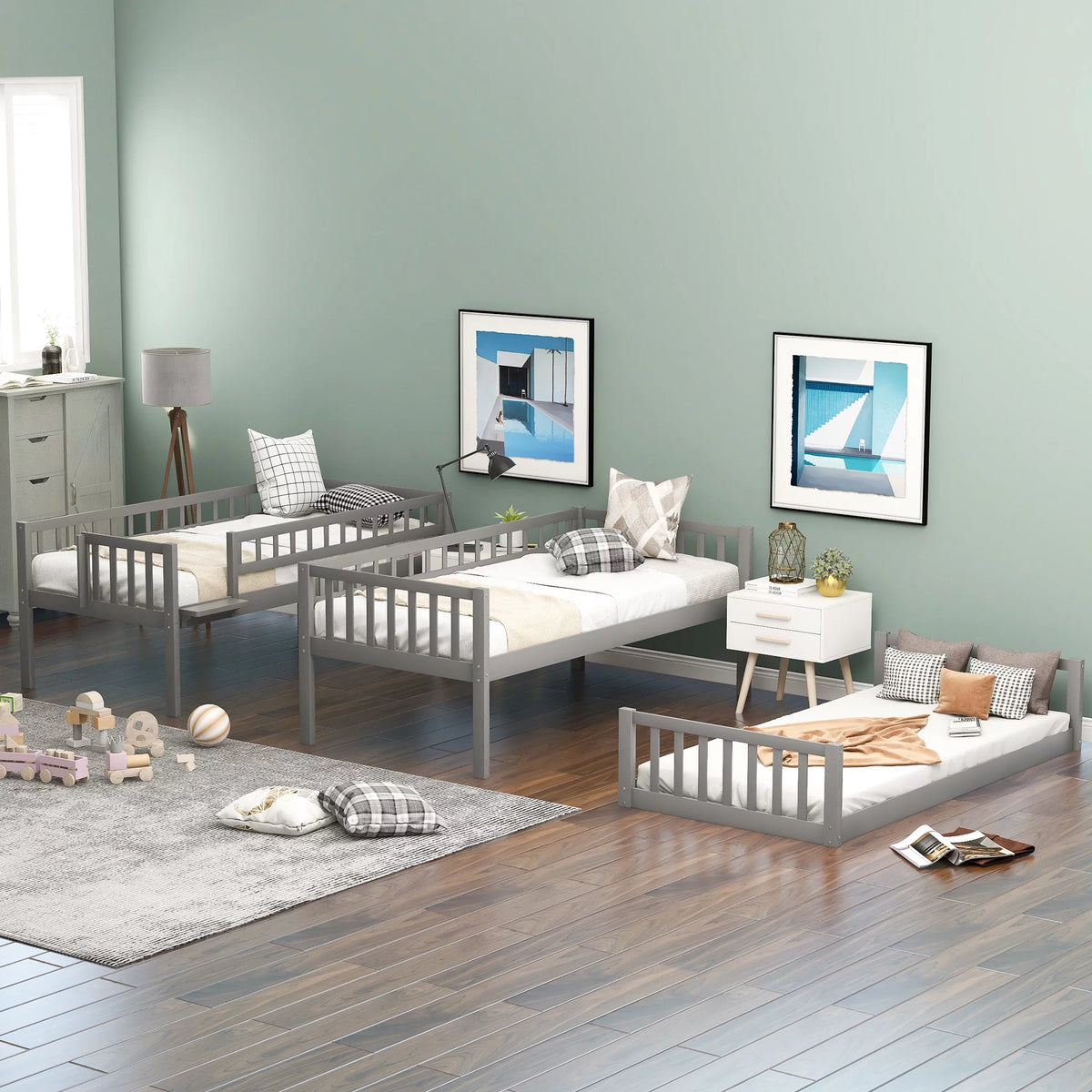 Triple Twin Bunk Bed with Built-in Ladder and Slide Y38321