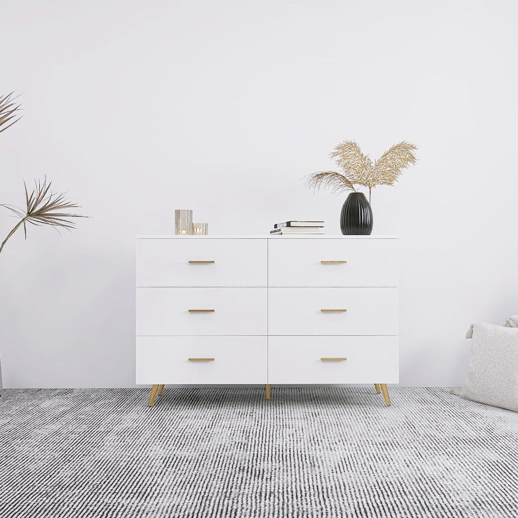 White 6 Drawer Chest of Drawer with Golden Handle and Golden Steel Legs K5597