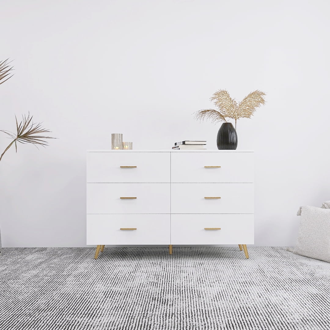 White 6 Drawer Chest of Drawer with Golden Handle and Golden Steel Legs K5597