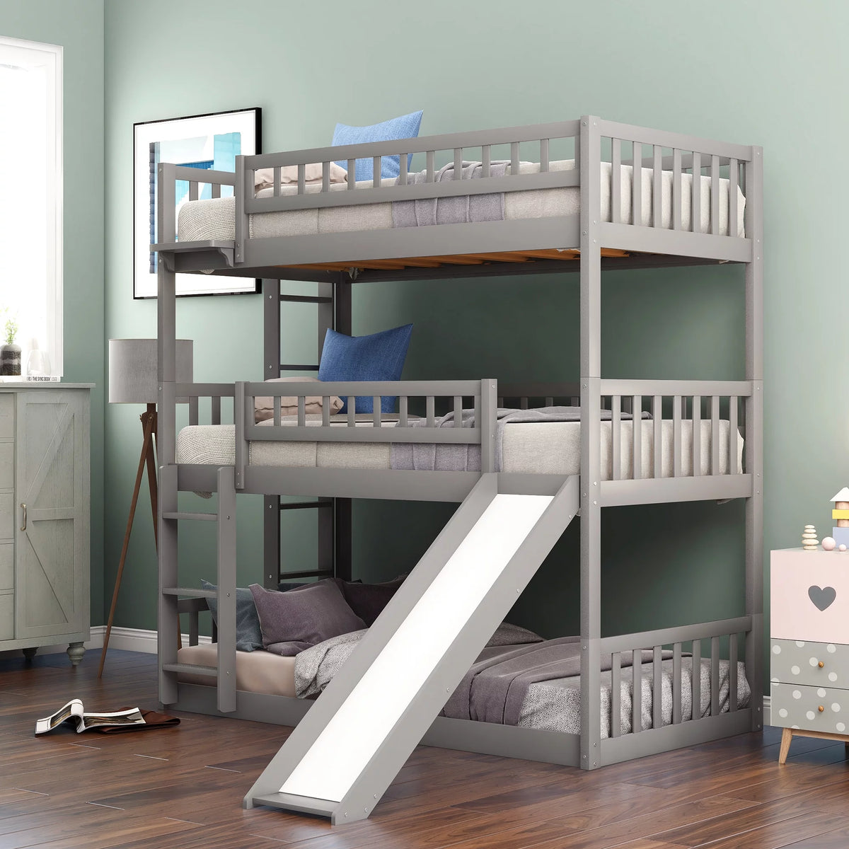 Triple Twin Bunk Bed with Built-in Ladder and Slide Y38321