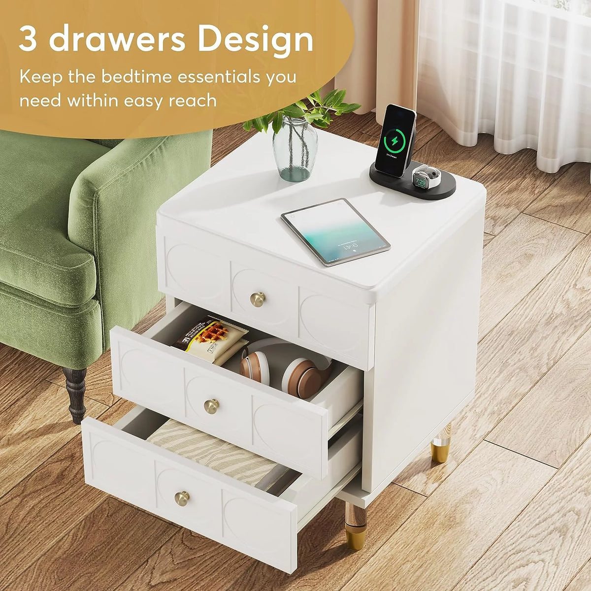 White and Gold 3-Drawer Nightstand R456