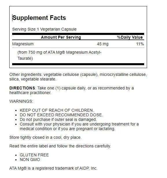Magnesium Acetyl Taurinate Supplement 30 Capsules M805
