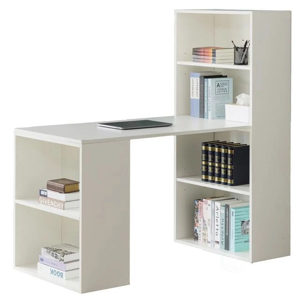 White Computer Writing Workstation Table with Bookshelf U666256
