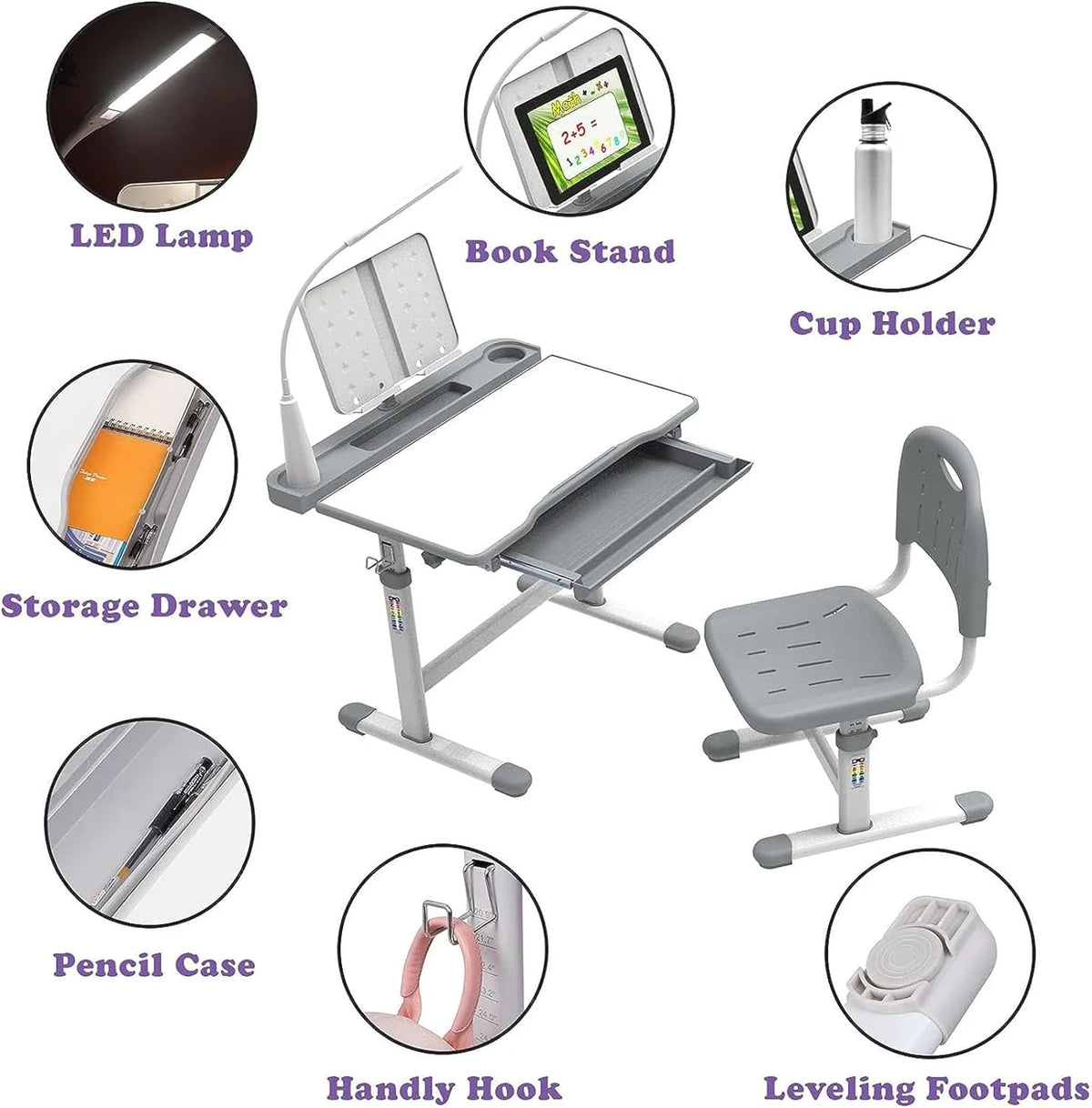 Kids Desk and Chair Set with Light, Height Adjustable Tiltable Desk A4136