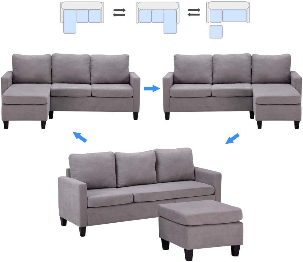 Light Grey Linen Fabric L-Shaped 3-Seat Convertible Sectional Sofa Couch with Reversible Chaise U4358