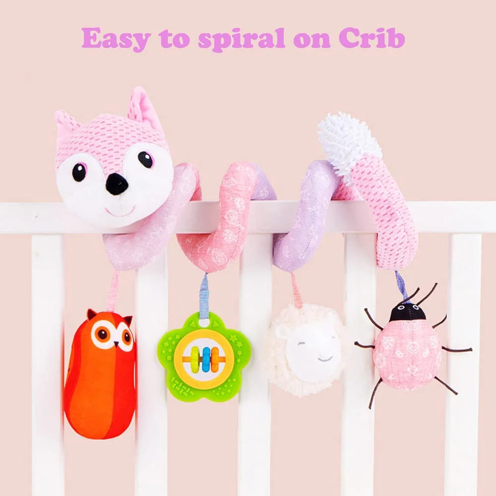 Pink Fox Plush Hanging Stroller Toys with Musical Sheep Rattles Owl Ladybird Distorting Mirror P196793