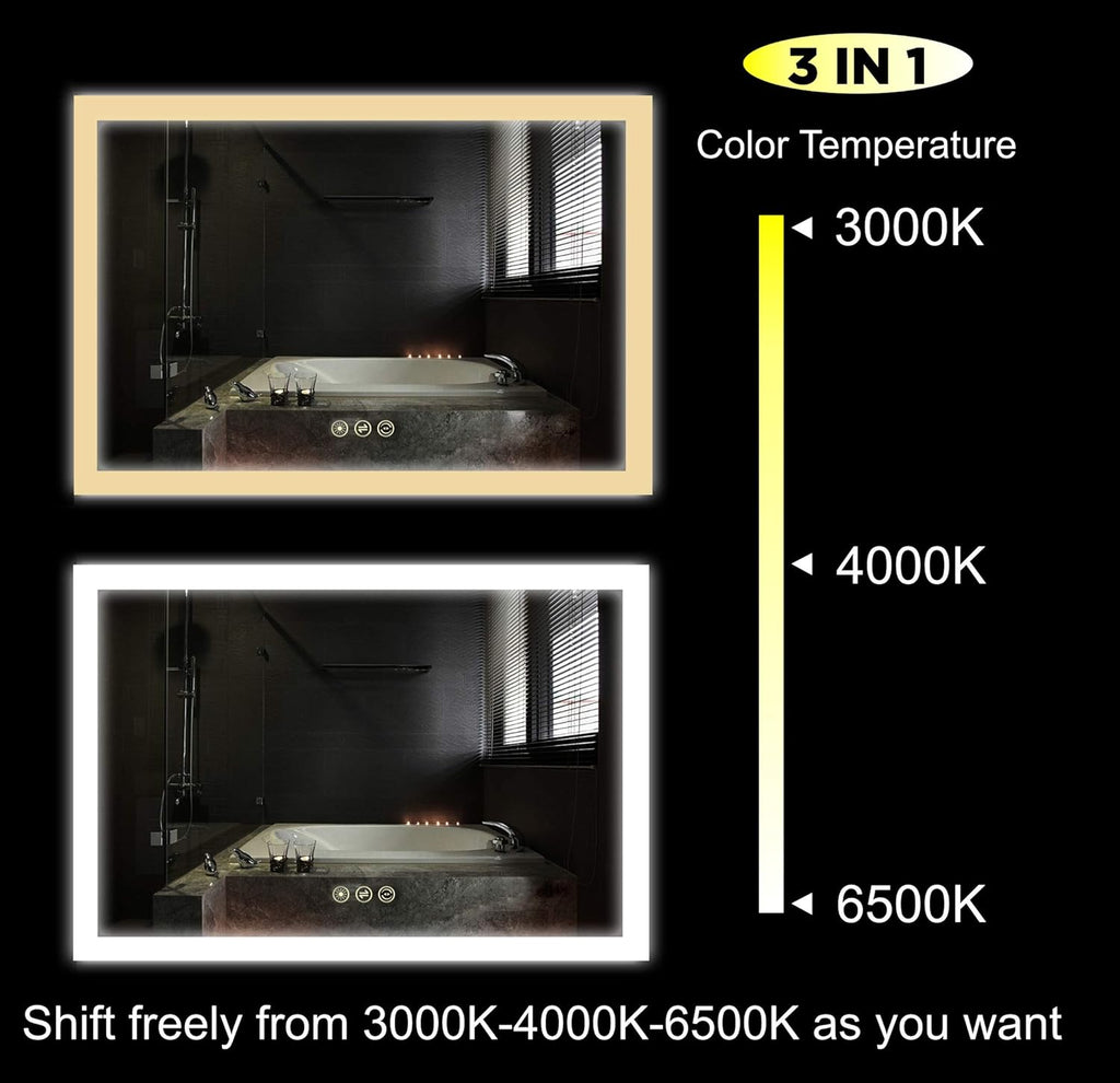 Wall Mounted LED Lighted Bathroom Mirror with Dimmer Touch Switch, Anti Fog, IP44 Waterproof, 3000K Warm White, 4000K Neutral White, 6500K Cool White, CRI>90, Vertical and Horizontal Installation E795