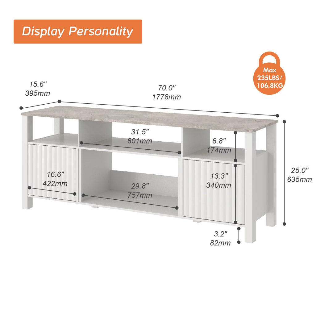 White Wood TV Stand with 6 Storage K6515