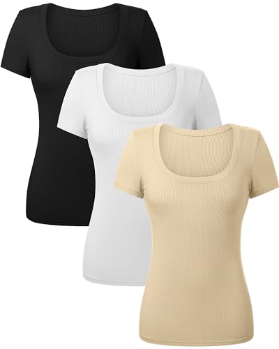 3 Pack Women's Short Sleeve Scooped Neck Ribbed Knit Tee S555