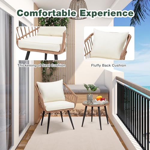 3 Piece Wicker Patio Bistro Set with Glass Top Table and Cushions R728378